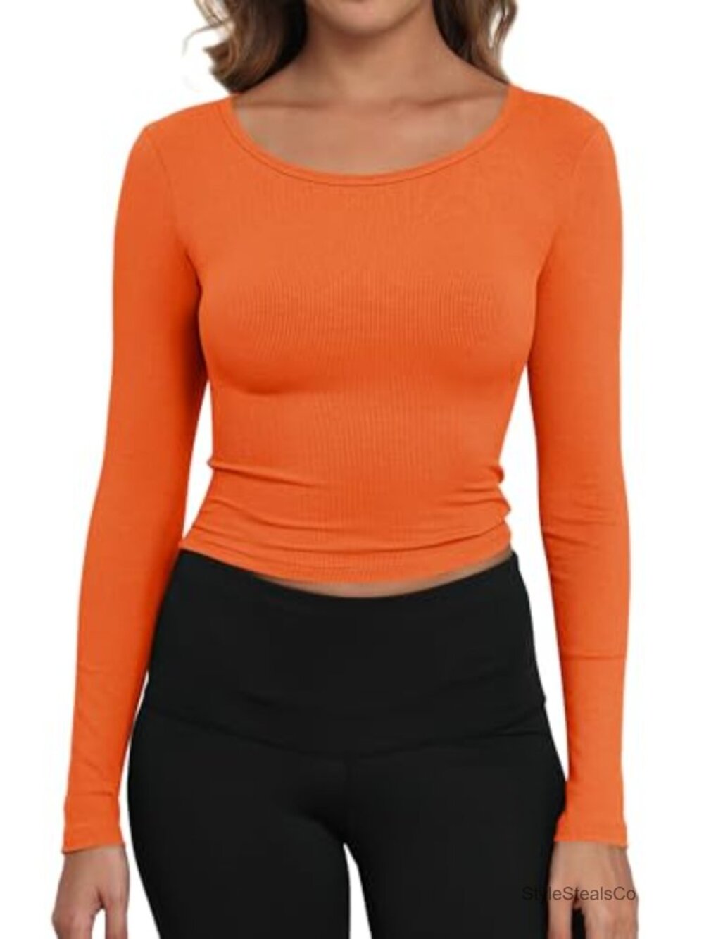 Ribbed Boat Neck Long Sleeve Crop Top Fitted Stretchy